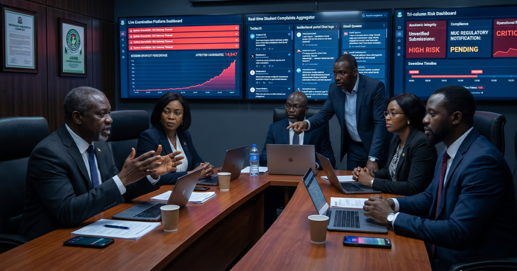 African university leadership team responding to a critical online examination system outage; large digital screens showing exam platform errors, student complaint alerts, compliance notifications, academic integrity warnings, and operational risk dashboards; high-stakes university crisis management environment emphasizing assessment infrastructure as strategic institutional risk management