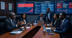 African university leadership team responding to a critical online examination system outage; large digital screens showing exam platform errors, student complaint alerts, compliance notifications, academic integrity warnings, and operational risk dashboards; high-stakes university crisis management environment emphasizing assessment infrastructure as strategic institutional risk management