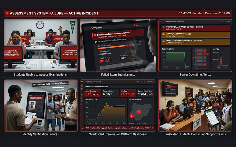 Split-screen university assessment crisis scenario showing: students unable to access examinations failed exam submissions server downtime alerts identity verification failures overloaded examination platform dashboards frustrated students contacting support teams professional visualization of university examination system failure risk and assessment disruption consequences