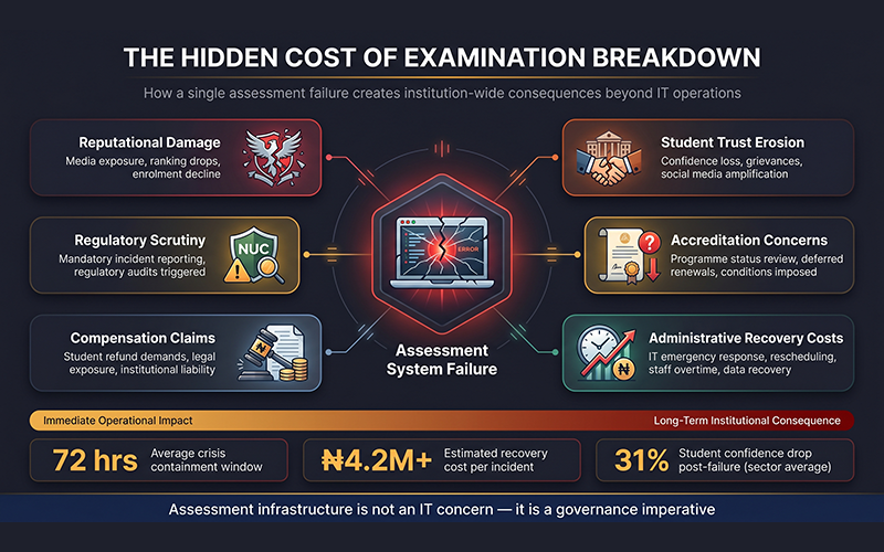 Executive-level risk management infographic displaying: reputational damage student trust erosion regulatory scrutiny accreditation concerns compensation claims administrative recovery costs clean higher education governance visualization showing how a single assessment failure creates institution-wide consequences beyond IT operations