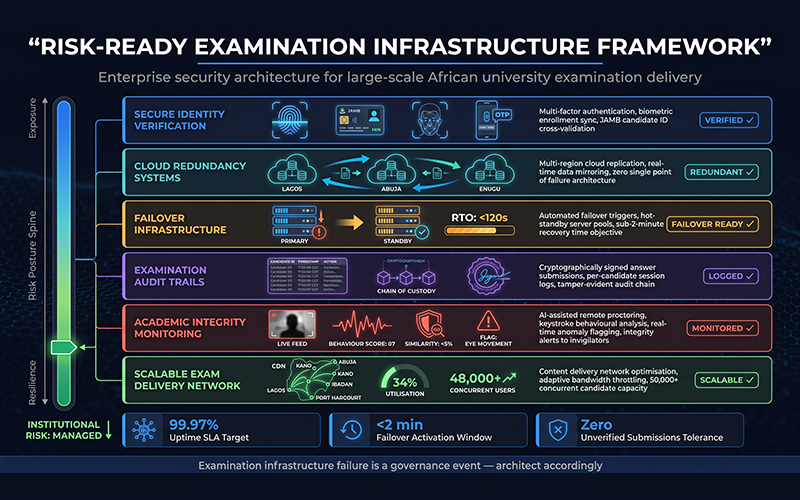 Enterprise-grade examination security architecture featuring: secure identity verification cloud redundancy systems failover infrastructure examination audit trails academic integrity monitoring scalable exam delivery network professional digital examination risk management workflow designed for large university environments