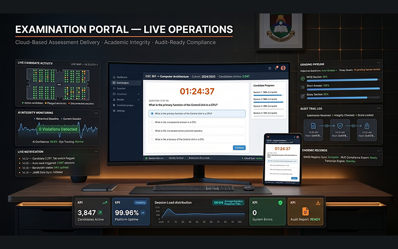 Modern examination management dashboard inspired by Vigilearn ecosystem featuring: secure online examination portal cloud-based assessment delivery real-time exam monitoring automated grading workflows audit-ready reporting systems integrated academic records management professional African higher education digital assessment environment focused on resilience, compliance, and examination integrity