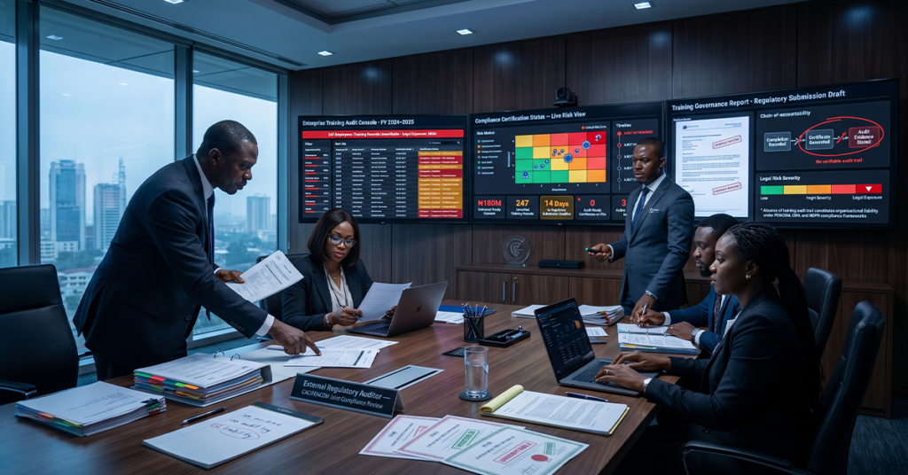 Corporate compliance leaders, legal teams, and executives reviewing employee training records during a regulatory audit; large compliance dashboard displaying audit logs, certification status, training completion evidence, risk alerts, and governance reporting systems; enterprise compliance management environment emphasizing legal accountability and audit readiness
