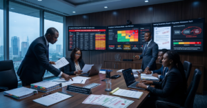 Corporate compliance leaders, legal teams, and executives reviewing employee training records during a regulatory audit; large compliance dashboard displaying audit logs, certification status, training completion evidence, risk alerts, and governance reporting systems; enterprise compliance management environment emphasizing legal accountability and audit readiness