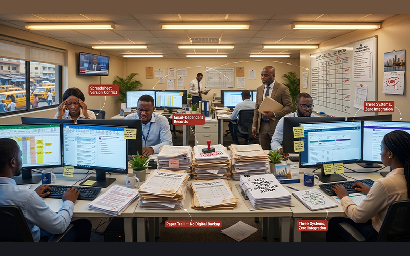 Corporate training records scattered across: spreadsheets emails paper sign-off sheets disconnected learning systems visual showing fragmented compliance tracking, missing employee records, reporting gaps, and audit preparation challenges inside a growing enterprise environment
