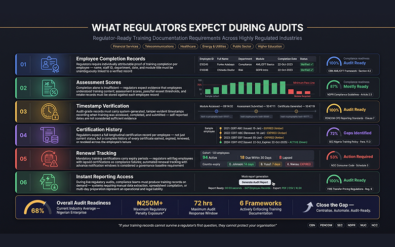 Professional compliance audit framework infographic displaying: employee completion records assessment scores timestamp verification certification history renewal tracking instant reporting access clean governance-focused visual showing regulator-ready training documentation requirements across highly regulated industries