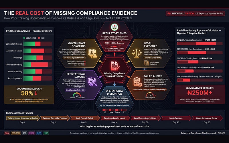 Executive risk management dashboard highlighting: regulatory fines legal exposure failed audits operational disruption reputational damage governance concerns enterprise-level compliance risk visualization showing how poor training documentation becomes a business and legal issue rather than an HR problem