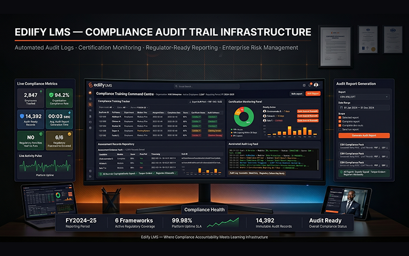 Modern enterprise LMS dashboard inspired by Ediify LMS featuring: automated audit logs compliance training tracking certification monitoring assessment records real-time compliance dashboards regulator-ready reporting exports professional corporate learning and governance environment designed for compliance accountability, audit readiness, and enterprise risk management
