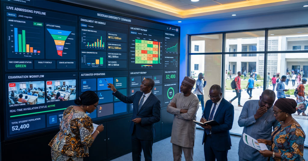 Modern African university campus operating through a fully integrated digital ecosystem; university leaders monitoring a centralized command dashboard showing admissions automation, student information management, LMS activity, examination workflows, real-time analytics, and automated university operations across multiple departments; futuristic yet realistic higher education environment illustrating an autonomous university management system in action