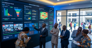 Modern African university campus operating through a fully integrated digital ecosystem; university leaders monitoring a centralized command dashboard showing admissions automation, student information management, LMS activity, examination workflows, real-time analytics, and automated university operations across multiple departments; futuristic yet realistic higher education environment illustrating an autonomous university management system in action