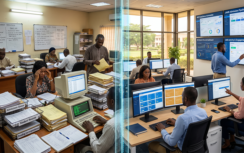 Large university operations center visualizing administrative workload across departments: admissions processing queues student record management examination coordination learning management tasks communication backlogs spreadsheet-heavy workflows contrasted with automated digital workflows replacing repetitive tasks through university workflow automation and intelligent campus management systems