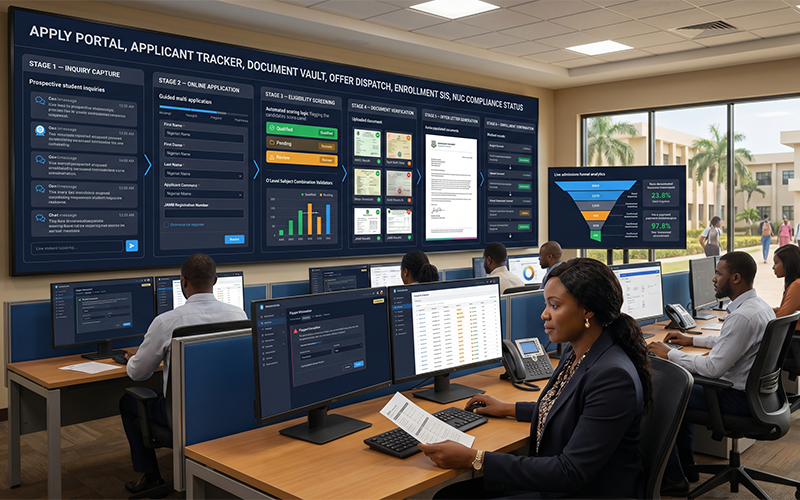 Professional admissions workflow dashboard inspired by Apply Portal featuring: inquiry capture and instant responses guided online application forms automated eligibility screening digital document verification offer letter generation enrollment confirmation workflows modern African university admissions environment demonstrating automated university operations from inquiry to enrollment