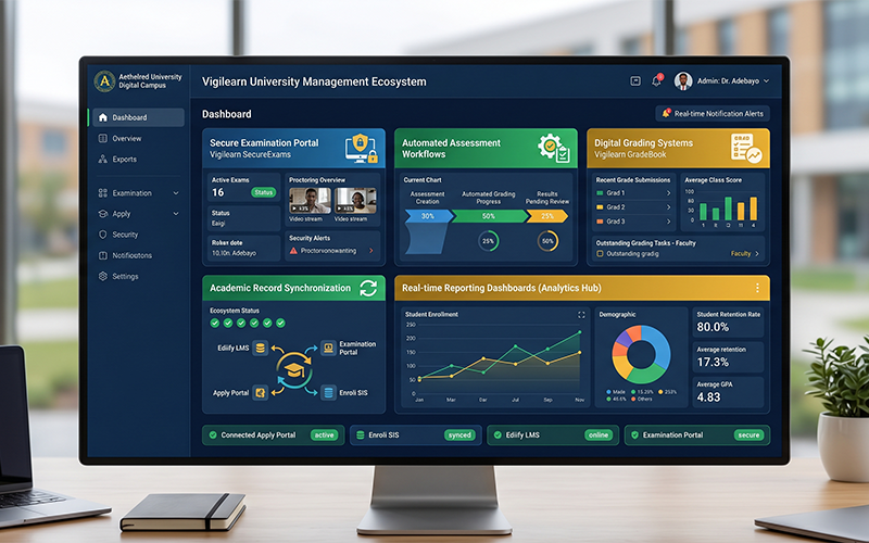 Enterprise university management dashboard inspired by the complete Vigilearn ecosystem featuring: secure examination portal automated assessment workflows digital grading systems academic record synchronization real-time reporting dashboards connected Apply Portal, Enroli SIS, Ediify LMS, and Examination Portal professional African higher education digital transformation environment showing a truly autonomous university management system