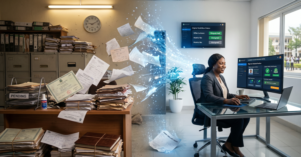 African university registrar's office transitioning from paper files to fully digital operations; stacks of paper forms fading into modern digital dashboards displaying admissions records, student documents, enrollment workflows, and automated approvals; powerful visual representing paperless university administration and digital-first university operations