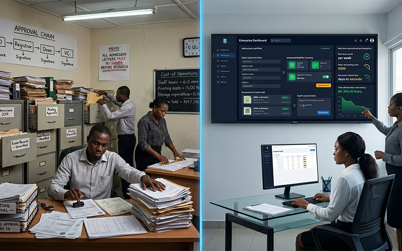 Split-screen university administration scene showing: overflowing filing cabinets printed application forms manual data entry processes paper approval chains document retrieval delays contrasted against automated digital workflows, illustrating the operational and financial cost of manual university administration