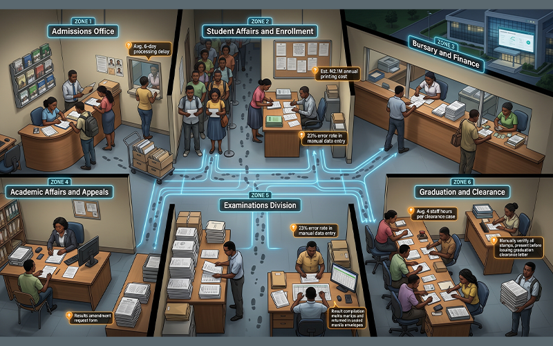 Detailed university process map displaying: admissions forms enrollment paperwork finance requests academic appeals examination documents graduation clearance forms visual audit of hidden paper dependencies inside institutions that consider themselves digital, highlighting opportunities for university document automation