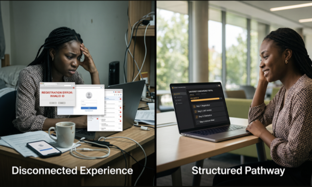 Split-screen comparison showing:
student navigating disconnected systems
confusing registration processes
multiple login portals
unclear communication channels
contrasted with
structured onboarding pathway
guided student experience
centralized university platform
visual representation of student orientation digital challenges in higher education.
