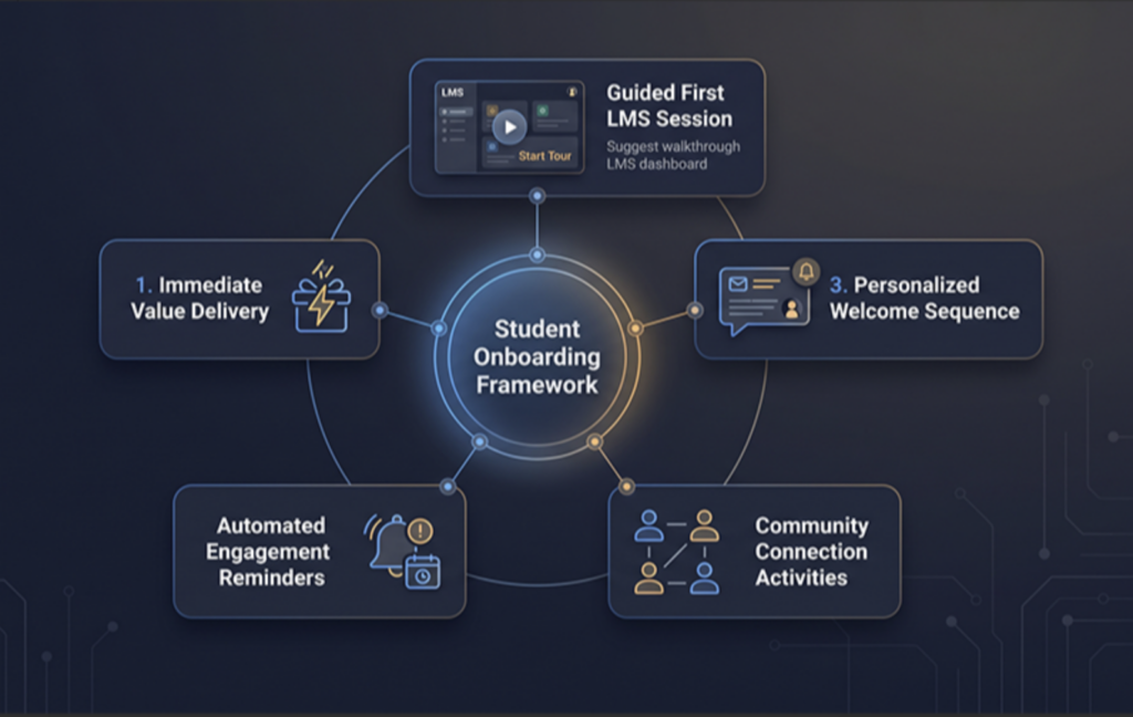 Professional infographic-style onboarding model featuring:
immediate value delivery
guided first LMS session
personalized welcome sequence
community connection activities
automated engagement reminders
clean higher education technology visualization showing how institutions can improve student onboarding higher education outcomes.