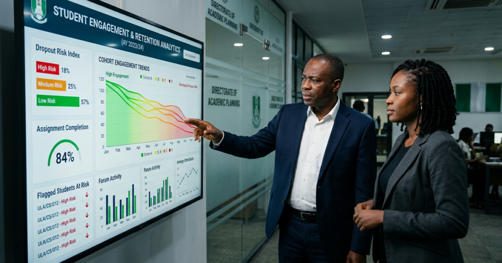 Modern African university digital learning environment visualizing student engagement decline across a large online learning ecosystem; institutional leaders observing a real-time engagement analytics dashboard displaying student activity trends, course participation rates, discussion engagement, attendance patterns, assignment completion metrics, and dropout risk indicators; several student engagement lines fading from green to red, symbolizing disengagement before dropout; professional higher education technology atmosphere demonstrating the hidden institutional cost of online learning student disengagement and LMS retention challenges