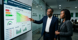Modern African university digital learning environment visualizing student engagement decline across a large online learning ecosystem; institutional leaders observing a real-time engagement analytics dashboard displaying student activity trends, course participation rates, discussion engagement, attendance patterns, assignment completion metrics, and dropout risk indicators; several student engagement lines fading from green to red, symbolizing disengagement before dropout; professional higher education technology atmosphere demonstrating the hidden institutional cost of online learning student disengagement and LMS retention challenges
