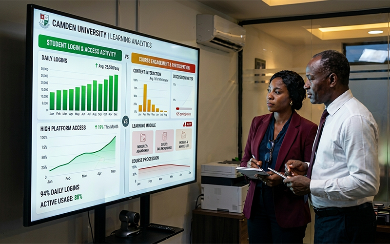 Professional university LMS analytics dashboard comparing login activity against actual engagement behavior; one side displaying high login numbers, the other showing low content interaction, minimal discussion participation, abandoned learning modules, and declining course progression; academic administrators analyzing engagement gaps hidden behind positive access statistics; modern African higher education environment illustrating the difference between platform access and meaningful learning engagement