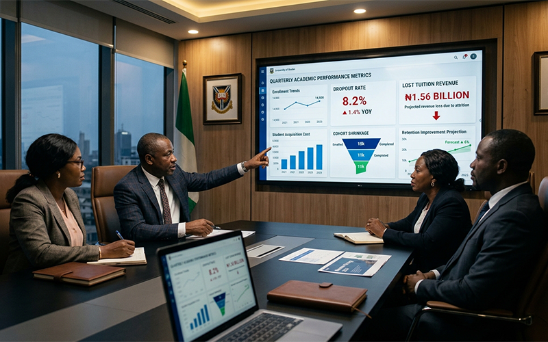 Executive university leadership boardroom reviewing retention and revenue impact dashboards; large digital displays showing enrollment figures, dropout rates, lost tuition revenue calculations, student acquisition costs, cohort shrinkage, and retention improvement projections; data visualization demonstrating how student disengagement translates directly into financial loss; professional African higher education management environment emphasizing retention as both an academic and revenue challenge