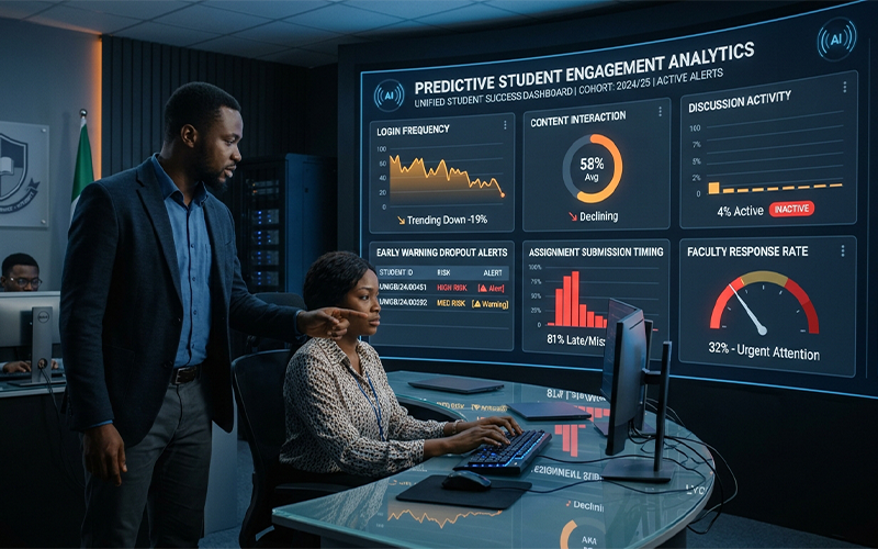 Advanced learning analytics command center displaying predictive student engagement indicators including: • declining login frequency • reduced content interaction • discussion inactivity • delayed assignment submissions • low faculty response rates • early warning dropout alerts institutional analysts monitoring student behavior patterns before dropout occurs; intelligent LMS analytics environment illustrating proactive student retention through engagement monitoring