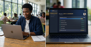 Newly admitted African university student beginning their academic journey through a modern digital onboarding experience; laptop displaying university welcome portal, student dashboard, orientation checklist, LMS access, enrollment confirmation, and guided onboarding workflow; supportive higher education environment emphasizing belonging, confidence, and student success from day one.