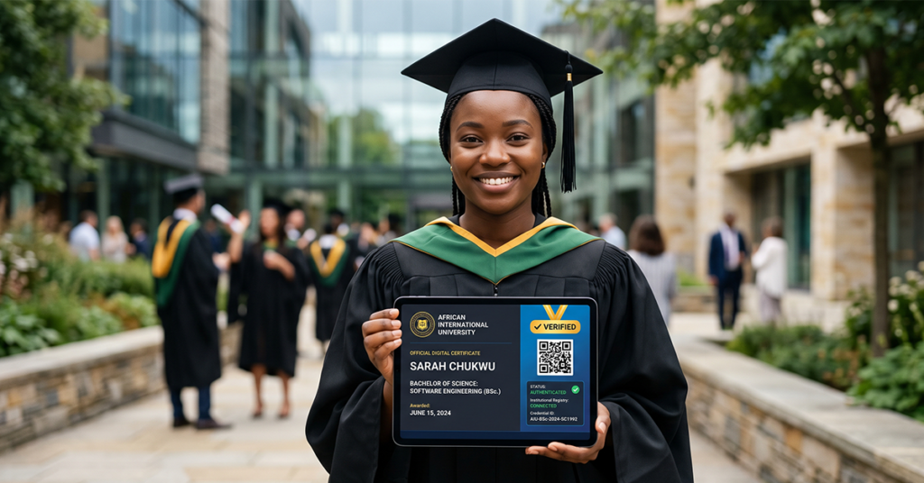 African university graduate receiving a digitally authenticated academic certificate featuring secure QR verification, credential validation interface, institutional registry connection, and tamper-proof certification technology; modern higher education trust and credential security environment highlighting global academic verification standards.