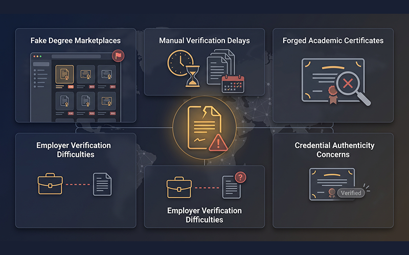 Professional visual showing: fake degree marketplaces forged academic certificates manual verification delays employer verification difficulties credential authenticity concerns institutional trust and credential fraud higher education risk illustration with global perspective.