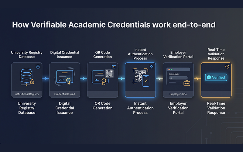 Detailed infographic-style workflow demonstrating: university registry database digital credential issuance QR code generation instant authentication process employer verification portal real-time validation response clear visual explanation of verifiable academic credentials global standard infrastructure.