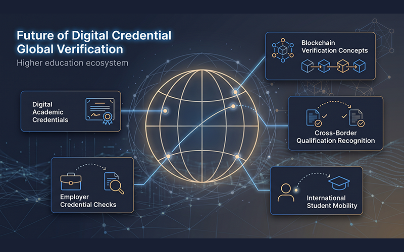 Global higher education ecosystem displaying: digital academic credentials blockchain verification concepts cross-border qualification recognition employer credential checks international student mobility modern education technology environment focused on secure academic trust systems.