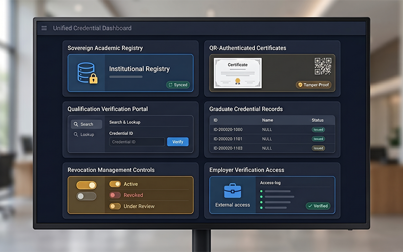 Institutional dashboard inspired by Enroli SIS featuring: sovereign academic registry QR-authenticated certificates qualification verification portal graduate credential records revocation management controls employer verification access professional university credential management system showing tamper-proof academic certification and global verification capabilities.