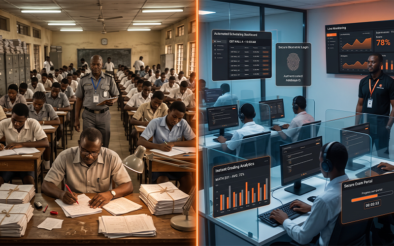 Professional split-screen comparison showing: Left Side Paper examination scripts Manual invigilation Physical exam halls Paper grading Filing cabinets full of exam records Delayed result processing Right Side Secure online examination system Automated scheduling Digital assessment platform Instant grading dashboard Cloud-based examination portal Real-time analytics Clean institutional comparison emphasizing operational efficiency and digital transformation.