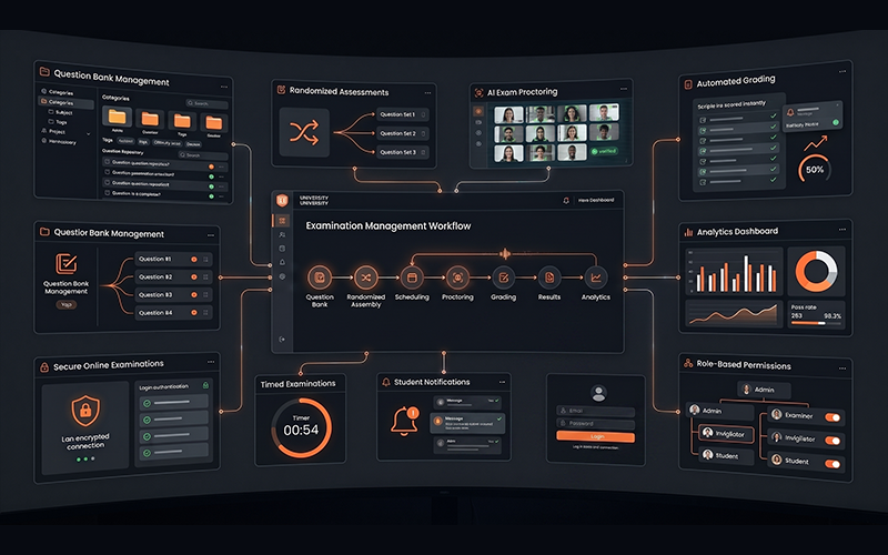 Enterprise infographic-style visualization featuring a complete university examination software dashboard. Include: Question bank management Randomized assessments AI exam proctoring Timed examinations Automated grading Student notifications Analytics dashboard Secure online examinations Role-based permissions Examination management workflow Professional higher education technology layout with interconnected workflow elements.