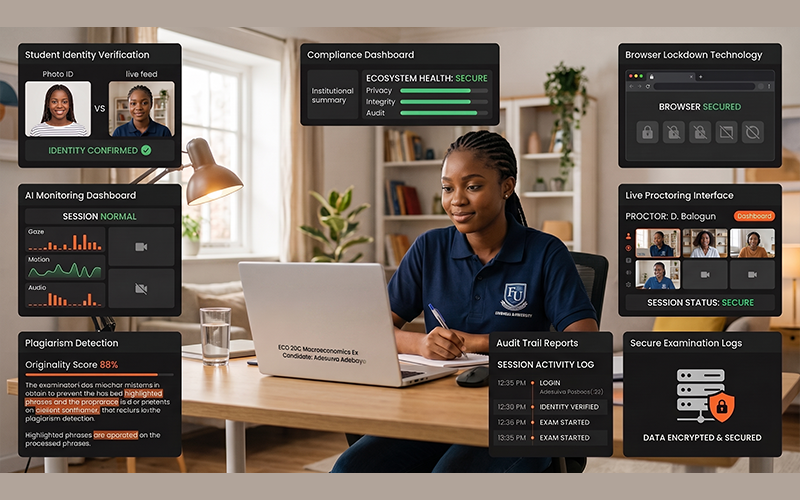 Modern secure online examination environment showing: Student identity verification Browser lockdown technology AI monitoring suspicious behaviour Live proctoring interface Plagiarism detection Audit trail reports Secure examination logs Compliance dashboard Professional institutional atmosphere emphasizing trust, fairness, and examination security rather than surveillance.