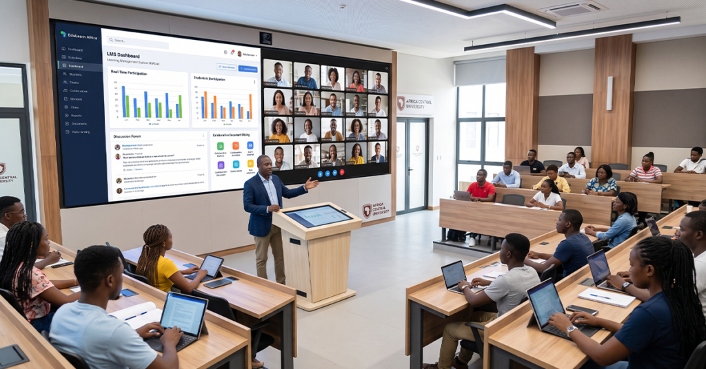 Modern African university delivering hybrid education through an advanced learning management ecosystem. Faculty teach both classroom and remote students using a cloud-based LMS dashboard with virtual classrooms, discussion forums, assessments, mobile learning, analytics, and collaboration tools. Professional higher education technology environment focused on connected digital learning experiences.