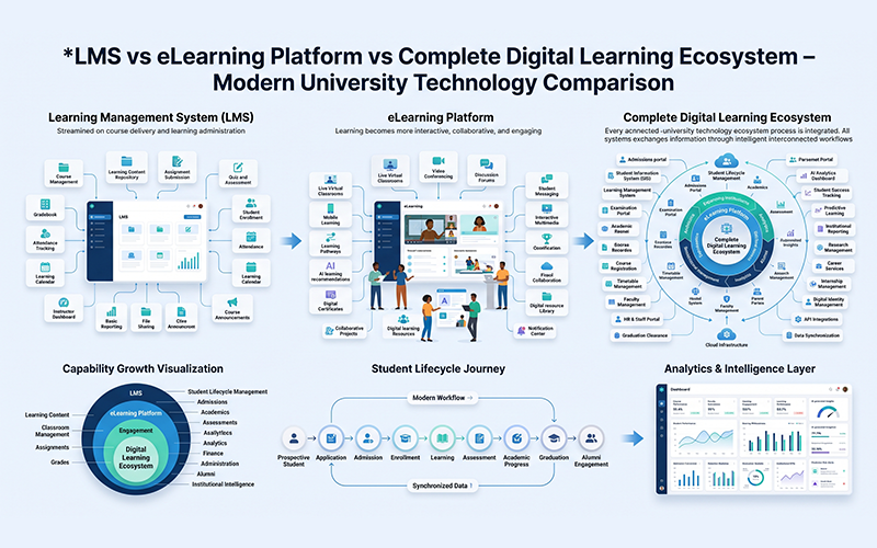 Professional educational infographic comparing: Learning Management System eLearning Platform Complete Digital Learning Ecosystem Illustrate how each layer expands capabilities from content management to collaboration, analytics, examinations, admissions, and student lifecycle management. Modern university technology visualization using clean workflow diagrams.
