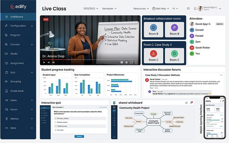African university students participating in an interactive online class using: Live discussions Breakout collaboration rooms Interactive quizzes Polling tools Mobile learning Shared whiteboards Instructor feedback Real-time participation analytics Professional higher education environment emphasizing engagement and collaboration.