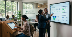 Modern African university admissions office powered by digital enrolment automation. Prospective students complete online applications while admissions officers monitor application progress through intelligent dashboards showing document verification, automated workflows, communication tracking, enrolment analytics, and application conversion metrics. Bright institutional environment focused on efficiency and student experience.