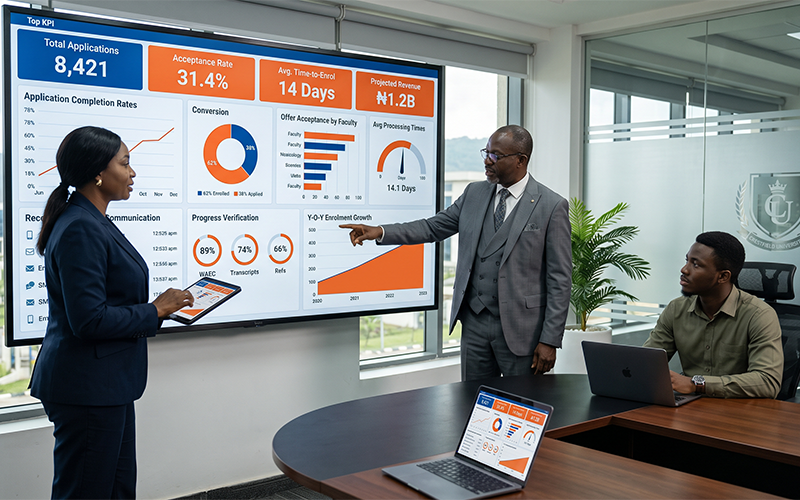 University leadership reviewing real-time admissions analytics displaying: Application completion rates Conversion percentages Offer acceptance Processing times Student communication history Document verification progress Enrolment growth Performance KPIs Professional executive dashboard for strategic admissions management.