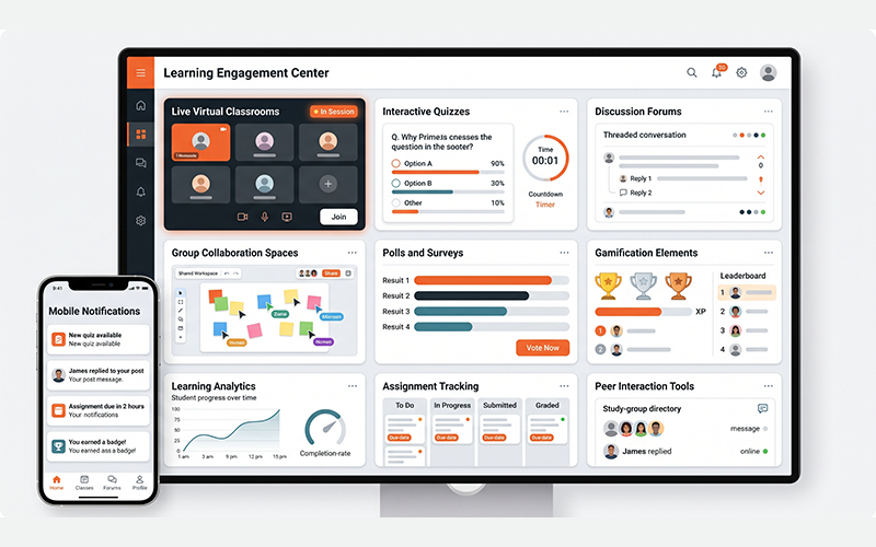 Professional LMS dashboard displaying: Live virtual classrooms Interactive quizzes Discussion forums Group collaboration spaces Polls and surveys Mobile notifications Gamification elements Learning analytics Assignment tracking Peer interaction tools Enterprise higher education technology interface emphasizing student participation.