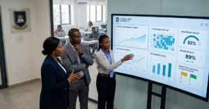 Show a modern African university using learning analytics to improve student success. Display university leaders and academic staff reviewing an interactive analytics dashboard with student performance, attendance, engagement, assessment scores, retention rates, and predictive insights. Include students learning through laptops and digital classrooms in the background to represent a data-driven university.