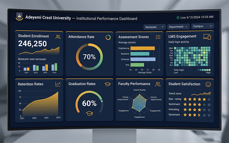 Illustrate a university executive dashboard displaying key performance indicators such as student enrollment, attendance, assessment scores, LMS engagement, retention rates, graduation rates, faculty performance, and student satisfaction. The dashboard should look modern, clean, and suitable for university decision-makers.