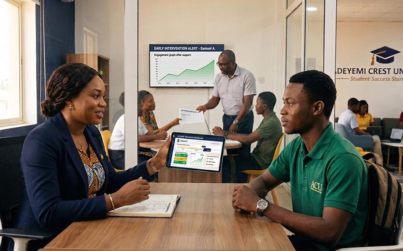 Show academic advisors and lecturers using student performance data to identify at-risk students and provide personalized support. Include visual elements representing early intervention, student engagement, academic progress, personalized learning, and improved graduation outcomes.