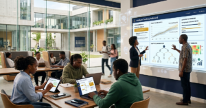 Show a futuristic African university using an AI-powered LMS to deliver personalized digital learning. Display students learning through laptops and tablets while lecturers monitor an intelligent dashboard featuring AI recommendations, predictive analytics, automated grading, adaptive learning paths, and student engagement insights. The overall scene should represent a smart, AI-enabled digital campus.