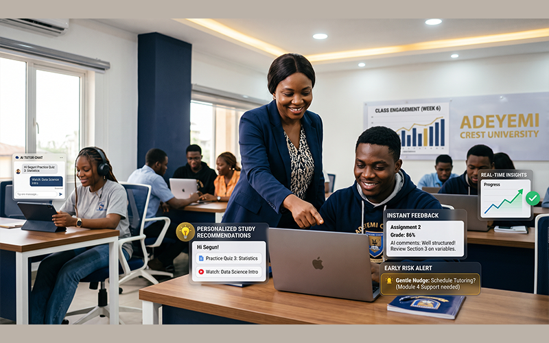 Show lecturers and students interacting with an AI-powered learning platform that provides personalized study recommendations, instant feedback, early risk alerts, and real-time performance insights. The scene should demonstrate how AI enhances learning while supporting, not replacing, educators.
