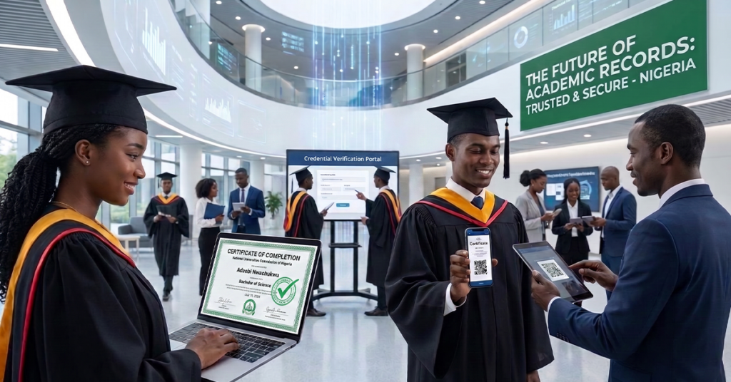 Show a modern university issuing secure digital certificates to graduating students through a digital credential platform. Display students receiving digital diplomas on laptops and mobile devices while employers verify credentials using QR codes or secure verification portals. The image should highlight trust, security, and the future of academic records.