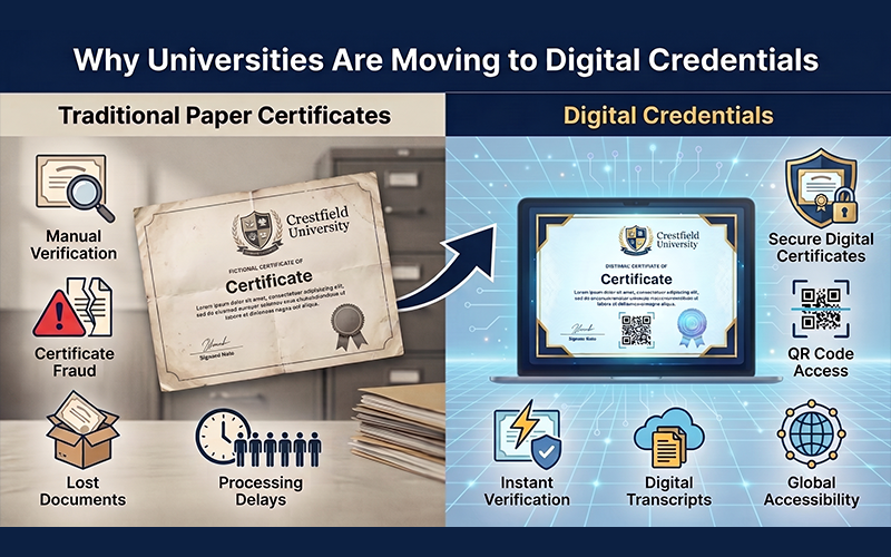 Create an infographic-style comparison between traditional paper certificates and digital credentials. Compare manual verification, certificate fraud, lost documents, and processing delays with secure digital certificates, instant verification, QR codes, digital transcripts, and global accessibility.