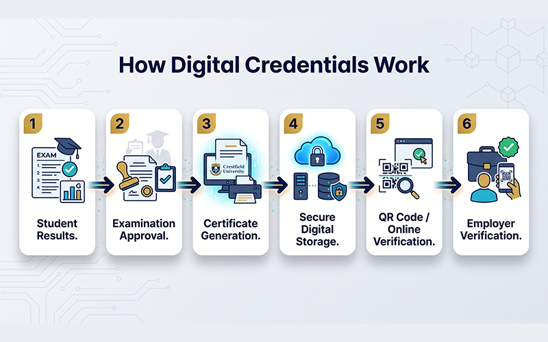 Illustrate the complete digital credential workflow. Show Student Results → Examination Approval → Certificate Generation → Secure Digital Storage → QR Code/Online Verification → Employer Verification. Use connected steps and modern academic icons to explain the process clearly.